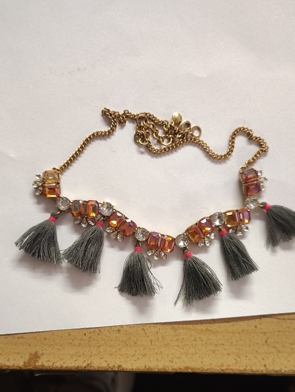 Gold Crystal & Gray Tassel Fashion Necklace